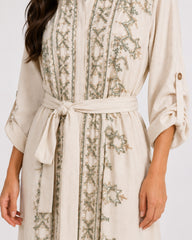 Belted Green Embroidered Dress