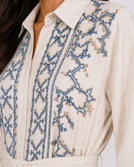 Belted Blue Embroidered Dress