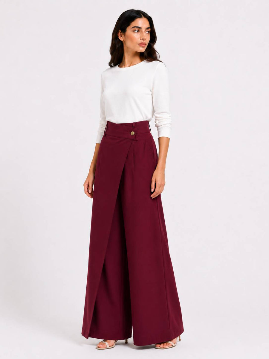 Burgundy Wrap Wide-Leg Pants