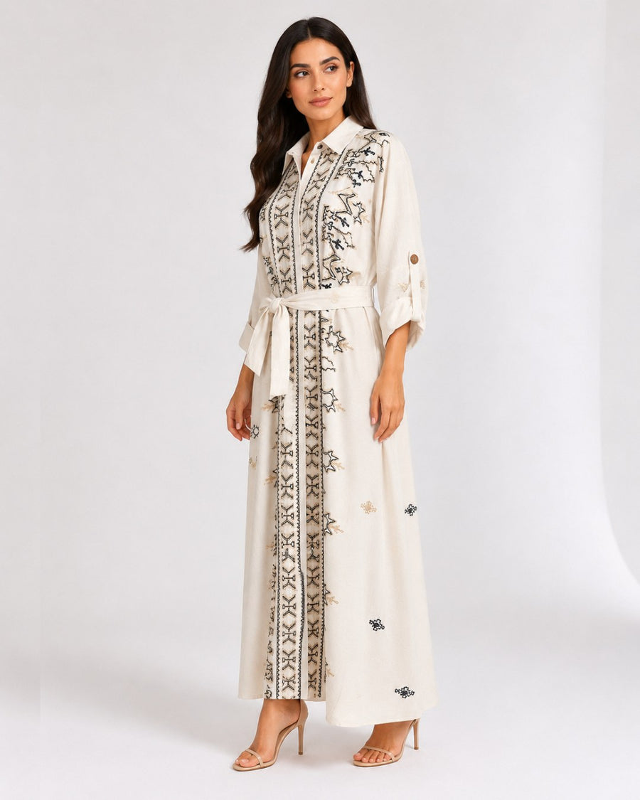 Belted Black Embroidered Dress