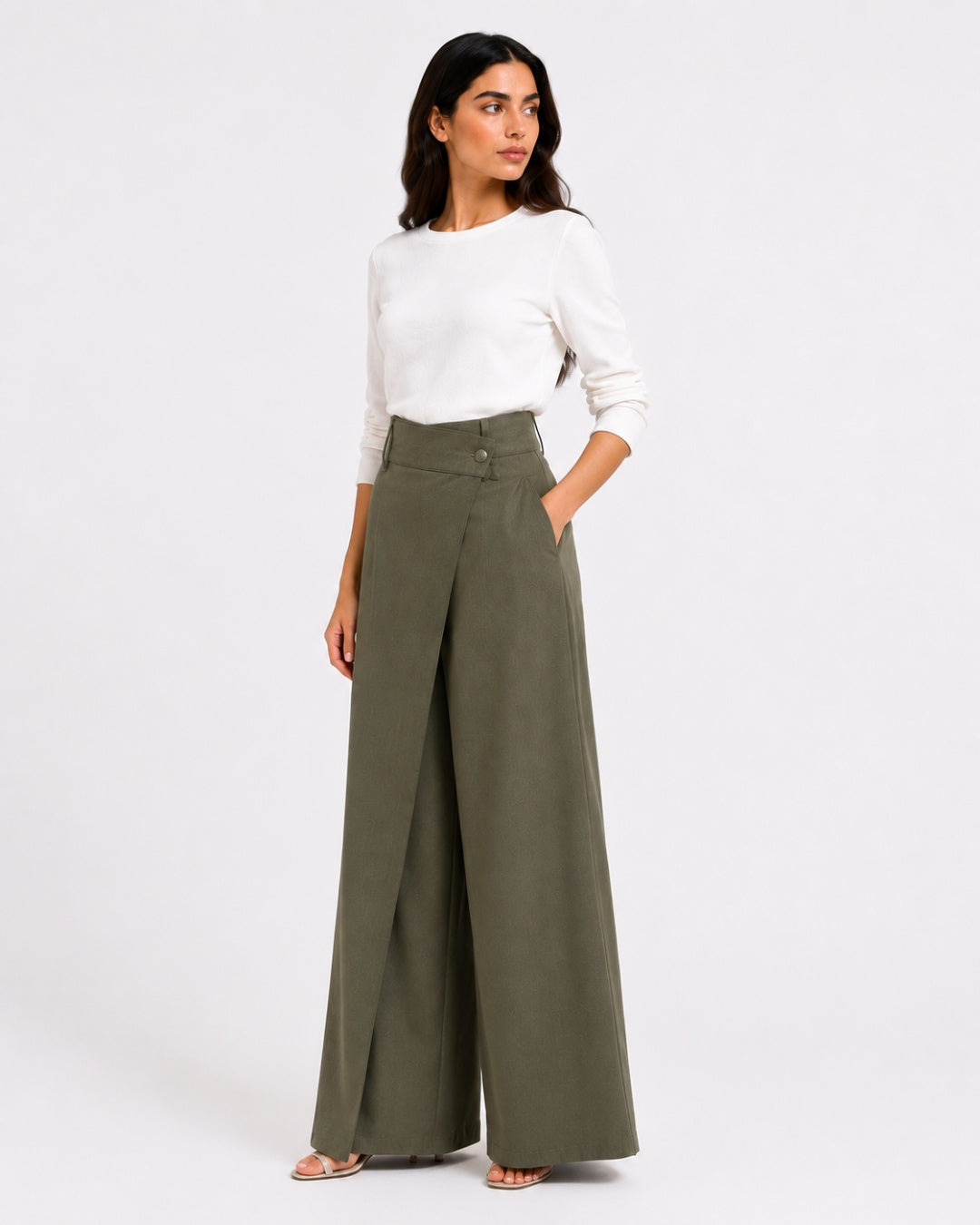 Olive Wrap Wide-Leg Pants
