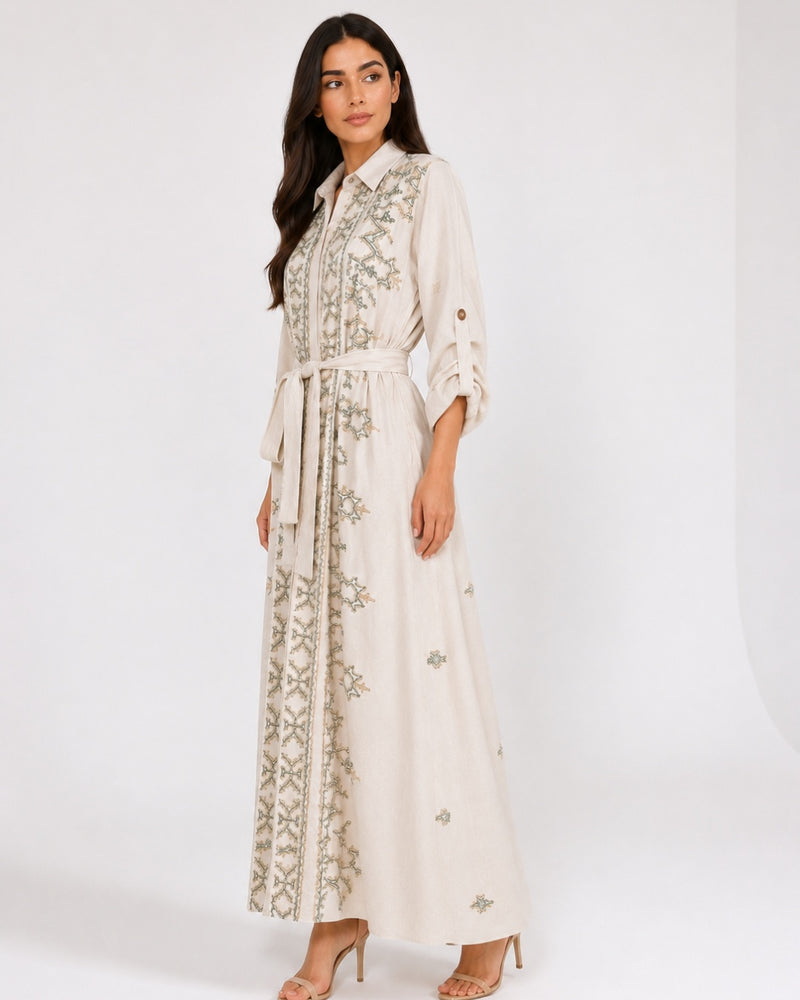 Belted Green Embroidered Dress