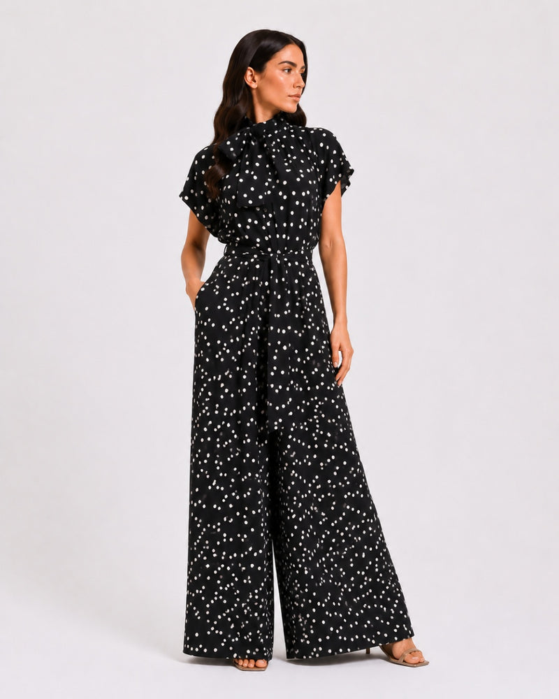 Midnight Polka Dot Tie-Neck Set