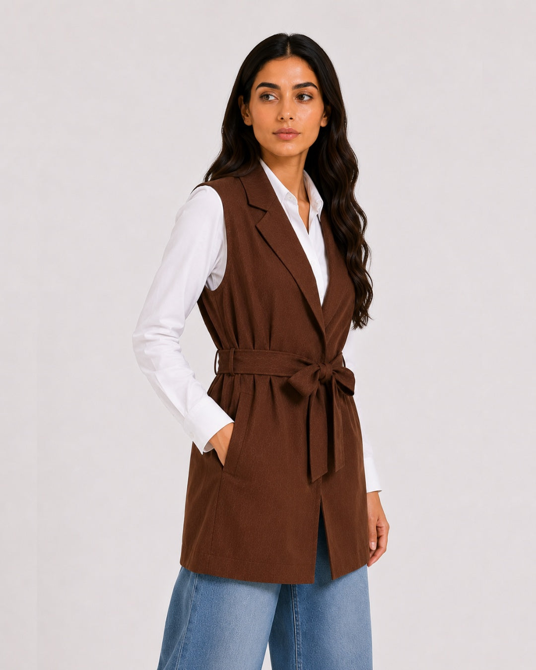 Brown Tailored Belted Vest
