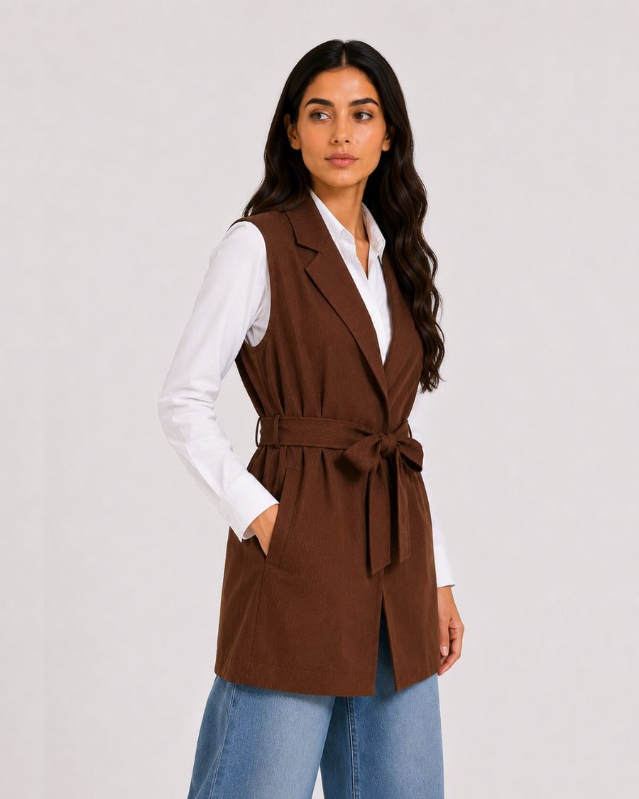 Brown Tailored Belted Vest