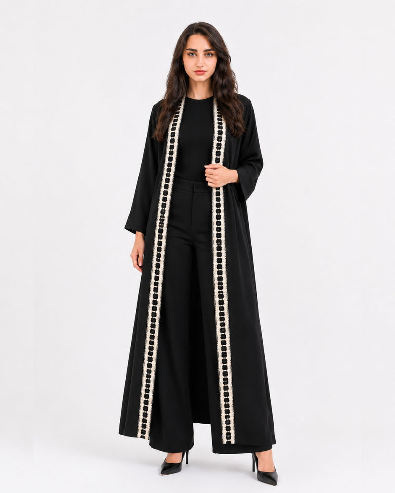 Embroidered Trim Long Coat