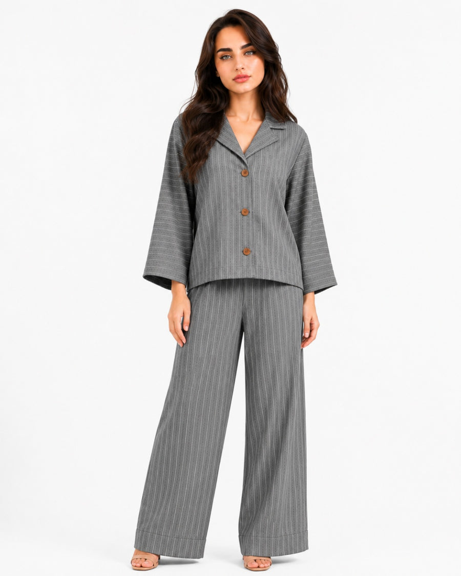 Grey Relaxed Fit Striped Set