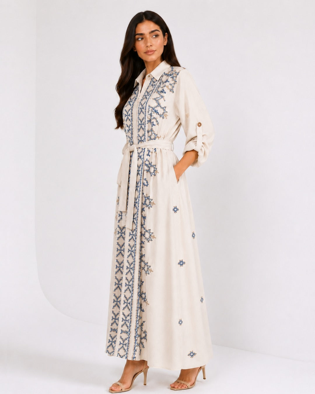 Belted Blue Embroidered Dress