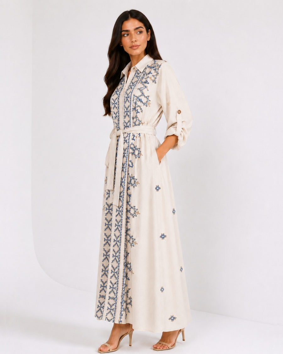 Belted Blue Embroidered Dress