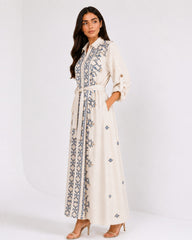 Belted Blue Embroidered Dress