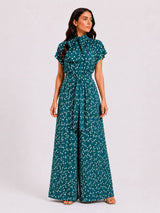 Teal Midnight Polka Dot Tie-Neck Jump Suit