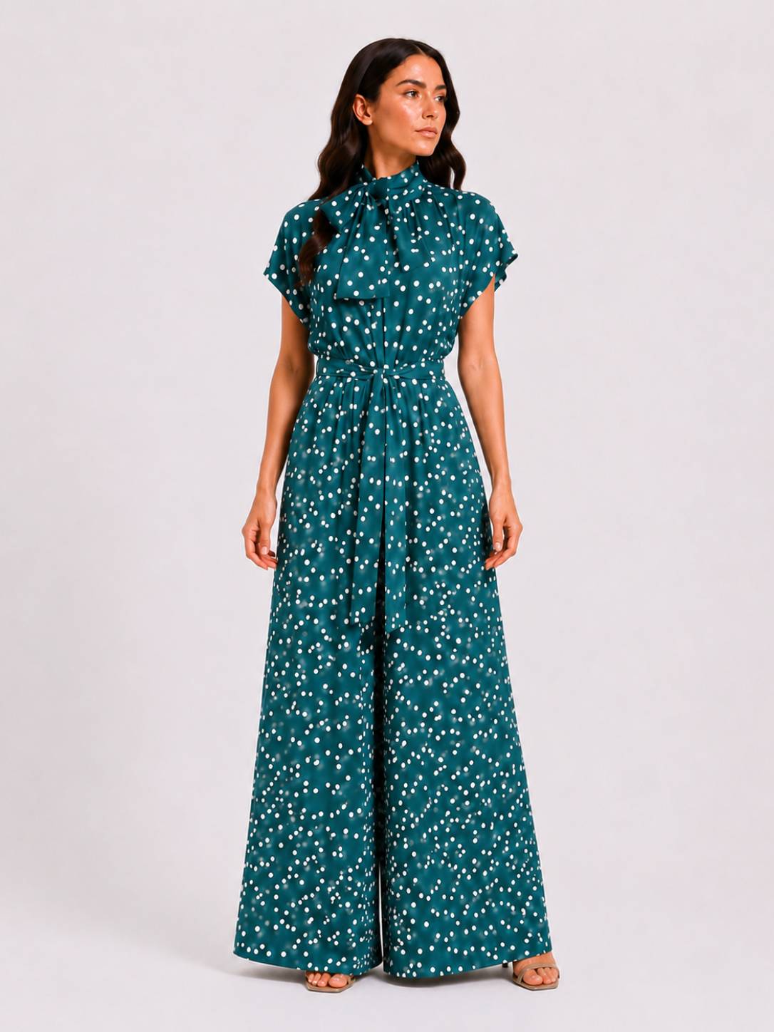 Teal Midnight Polka Dot Tie-Neck Jump Suit