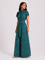 Teal Midnight Polka Dot Tie-Neck Jump Suit