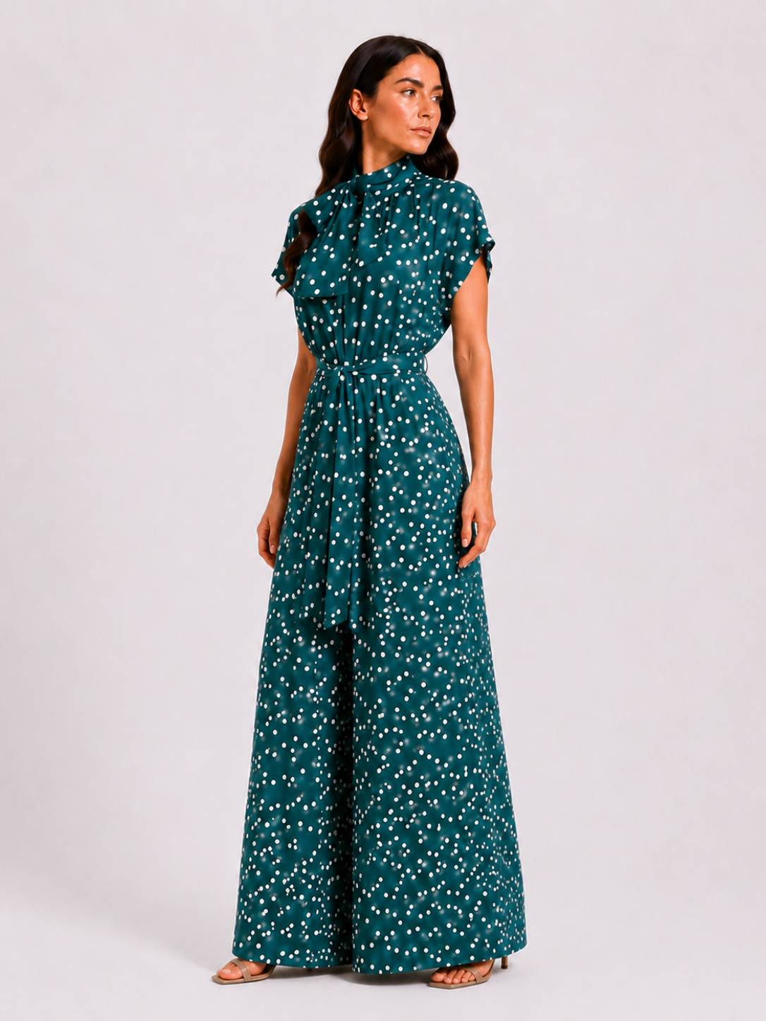Teal Midnight Polka Dot Tie-Neck Jump Suit