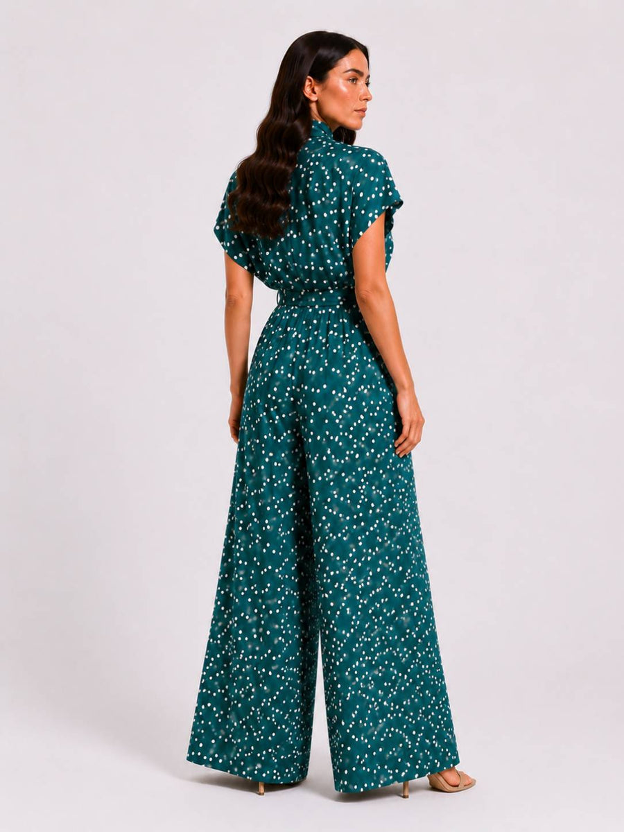 Teal Midnight Polka Dot Tie-Neck Jump Suit