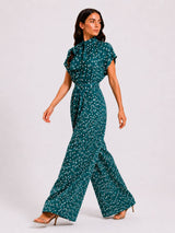 Teal Midnight Polka Dot Tie-Neck Jump Suit