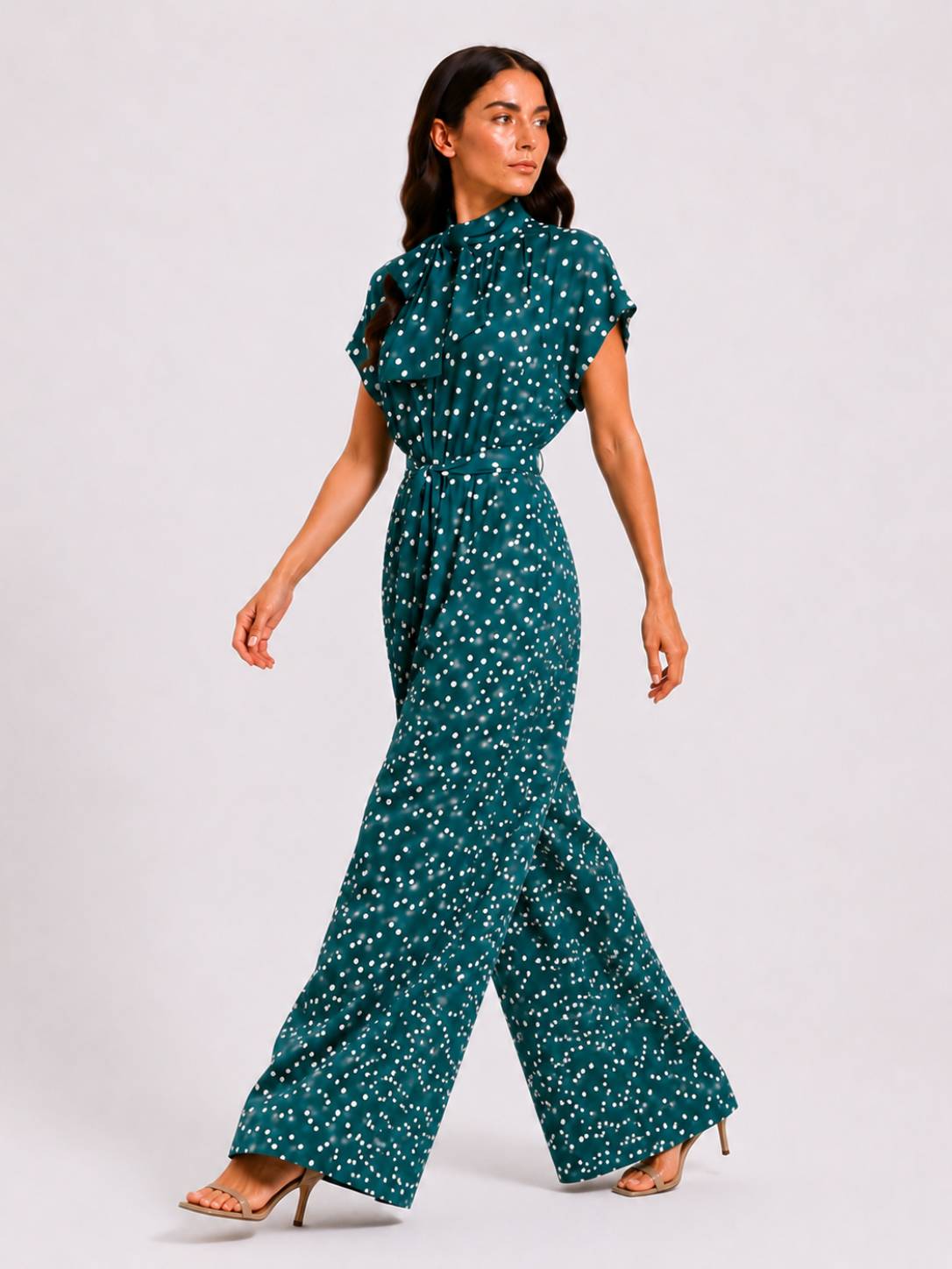 Teal Midnight Polka Dot Tie-Neck Jump Suit