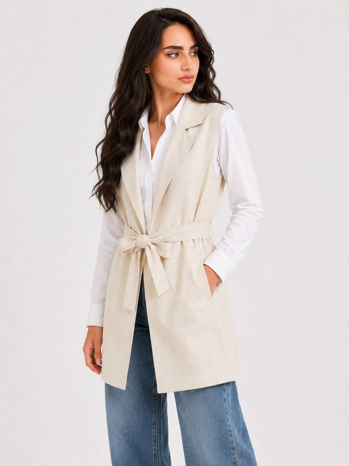 Beige Tailored Belted Vest