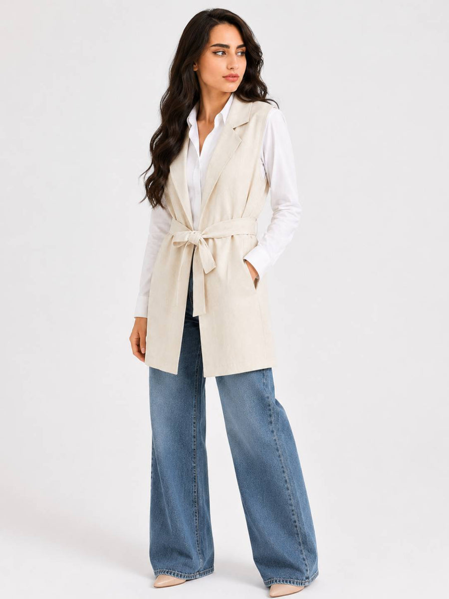 Beige Tailored Belted Vest