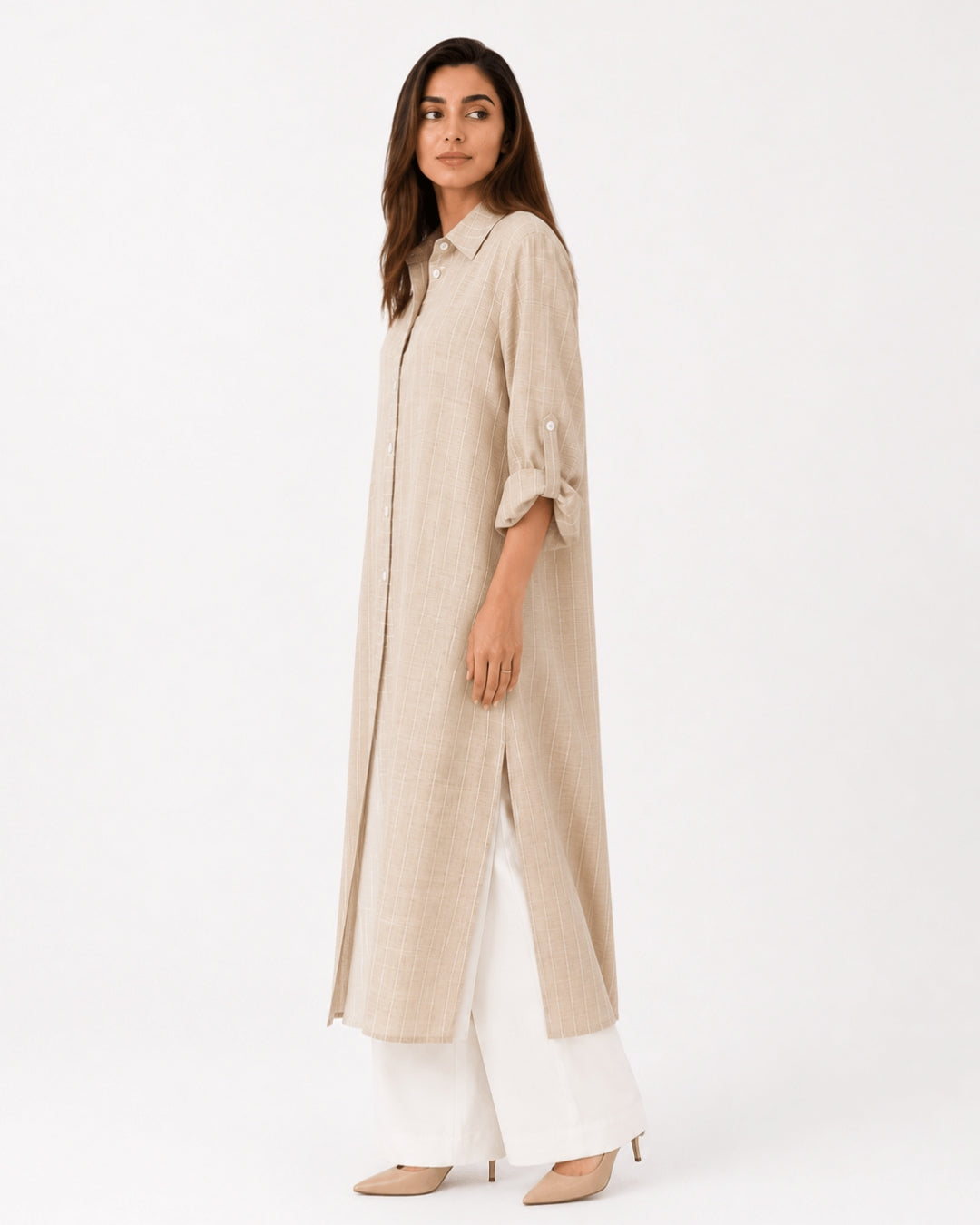 Beige Striped Overlay Coat