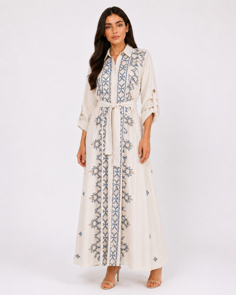 Belted Blue Embroidered Dress