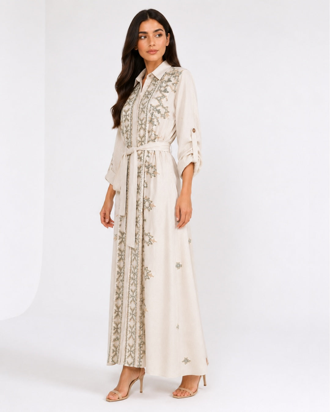 Belted Green Embroidered Dress