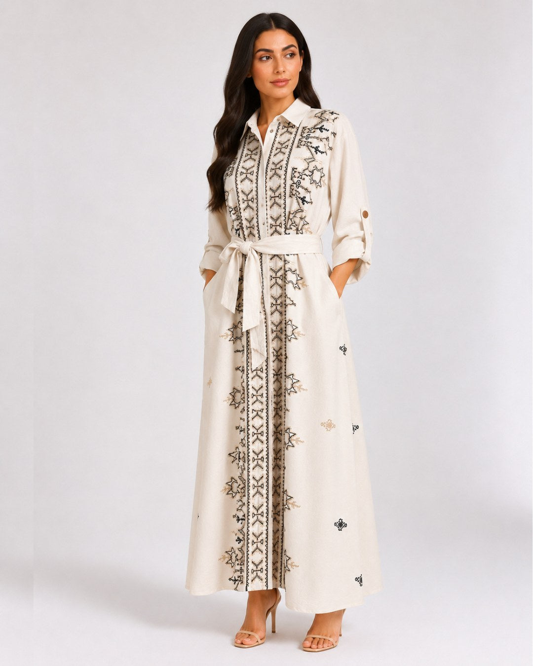 Belted Black Embroidered Dress