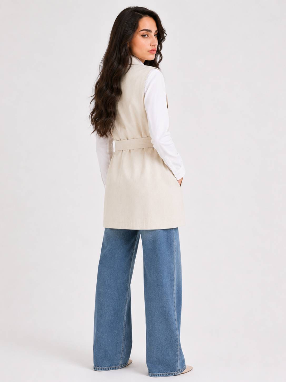 Beige Tailored Belted Vest