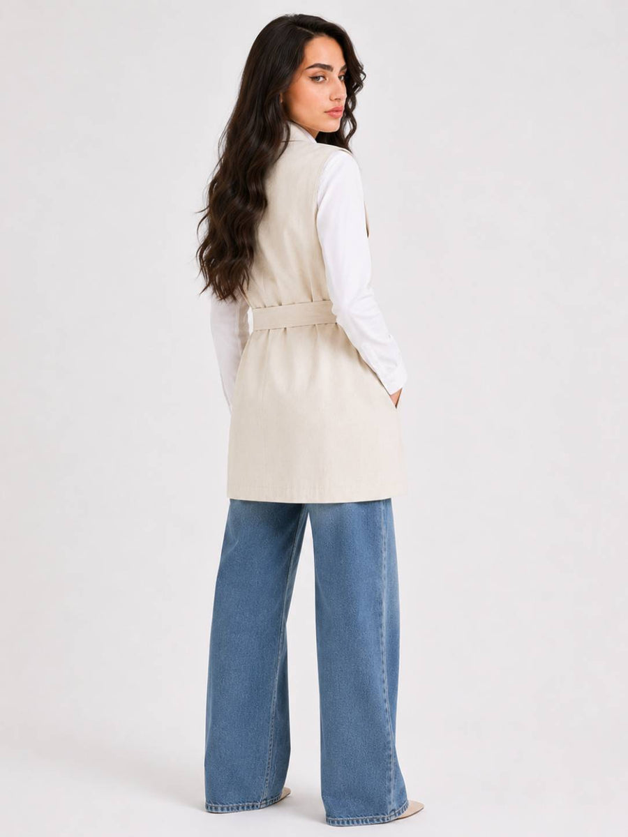 Beige Tailored Belted Vest