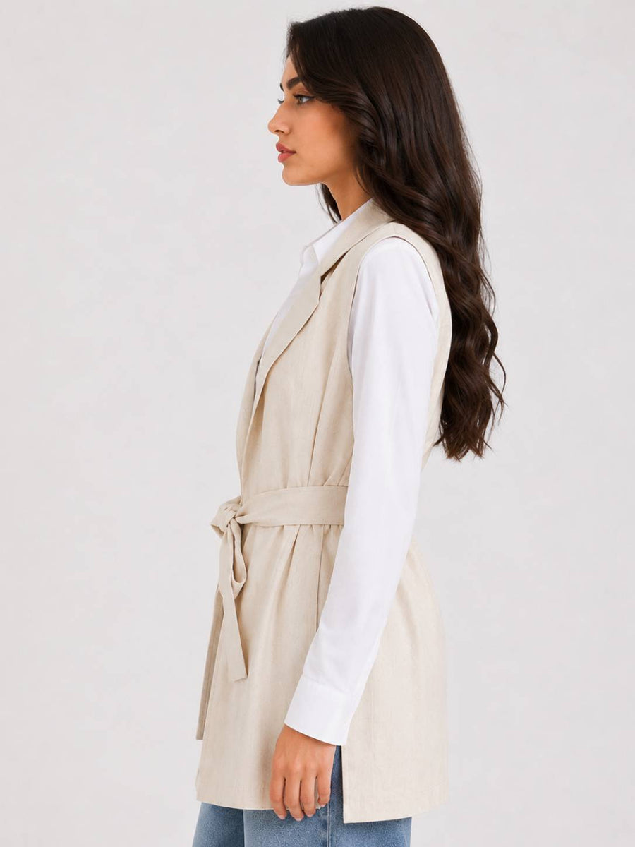 Beige Tailored Belted Vest