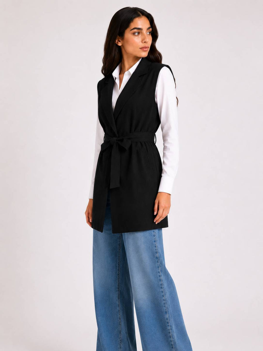 Black Tailored Belted Vest