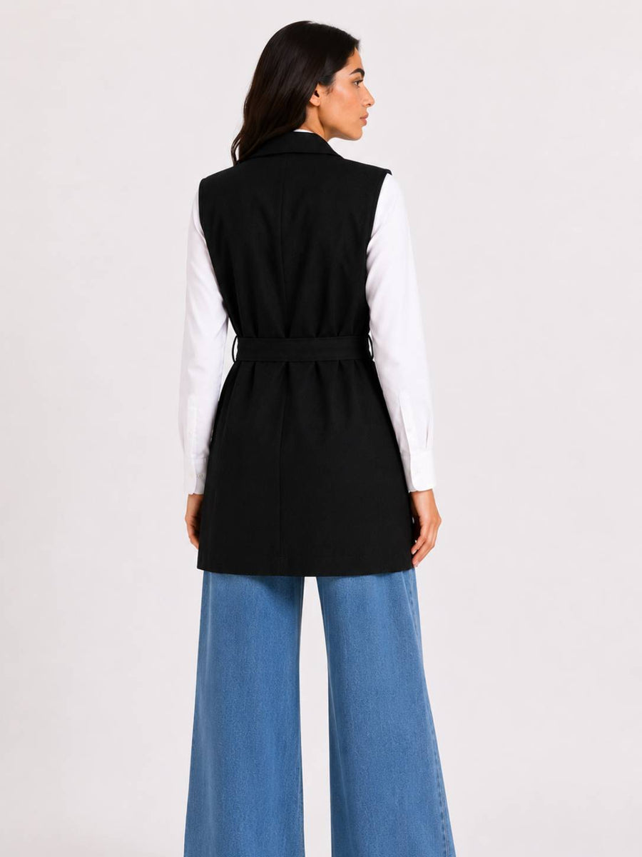Black Tailored Belted Vest