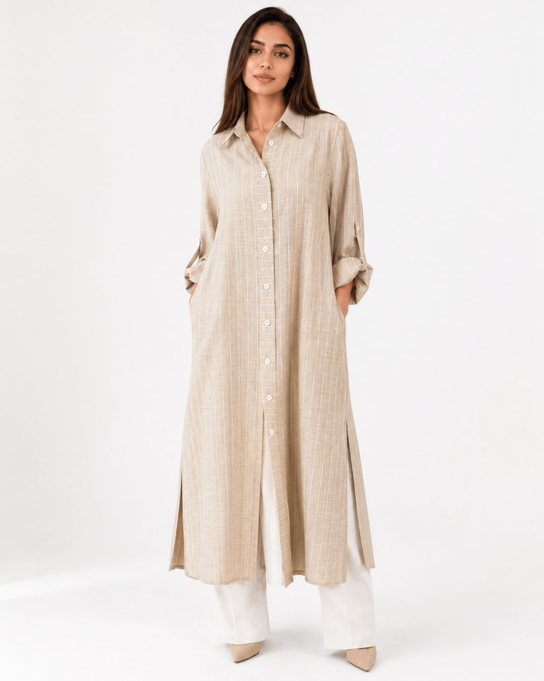 Beige Striped Overlay Coat