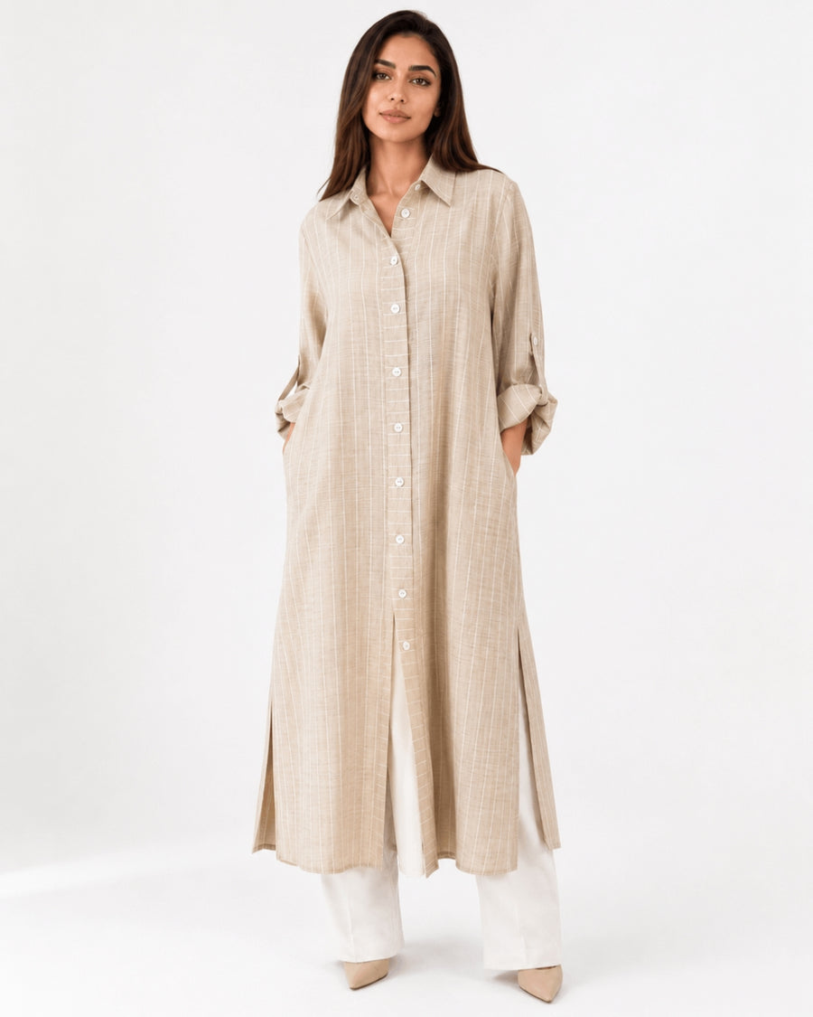 Beige Striped Overlay Coat