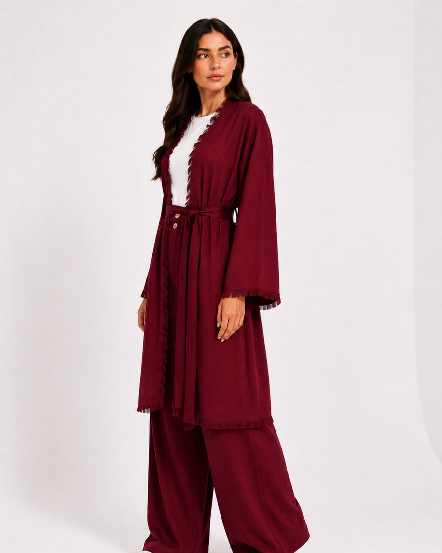 Burgundy Fringe Trim Layered Set