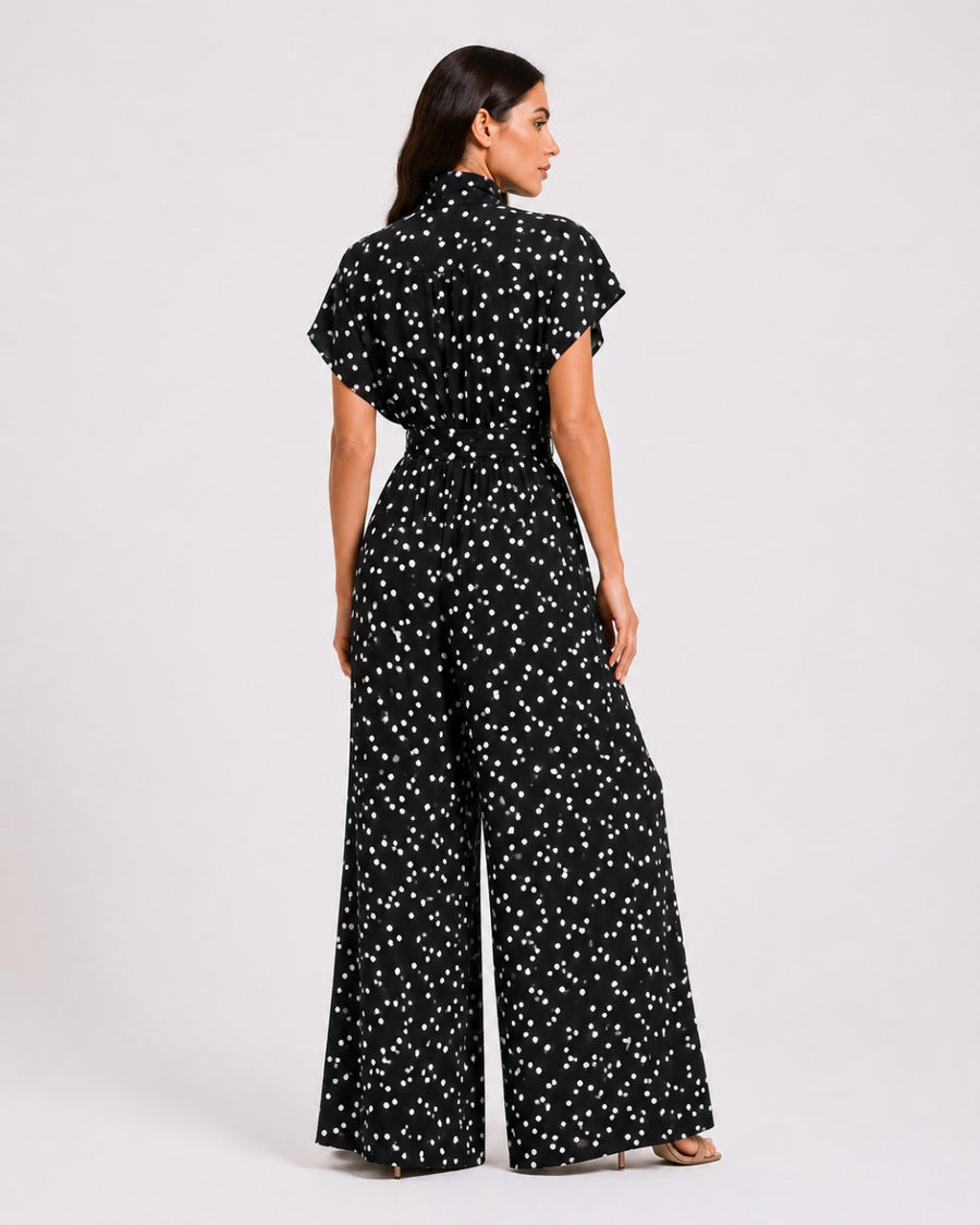 Midnight Polka Dot Tie-Neck Jump Suit