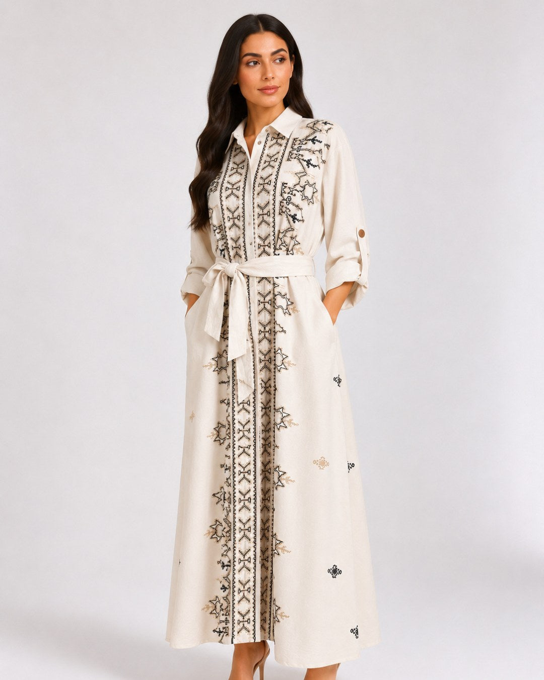 Belted Black Embroidered Dress