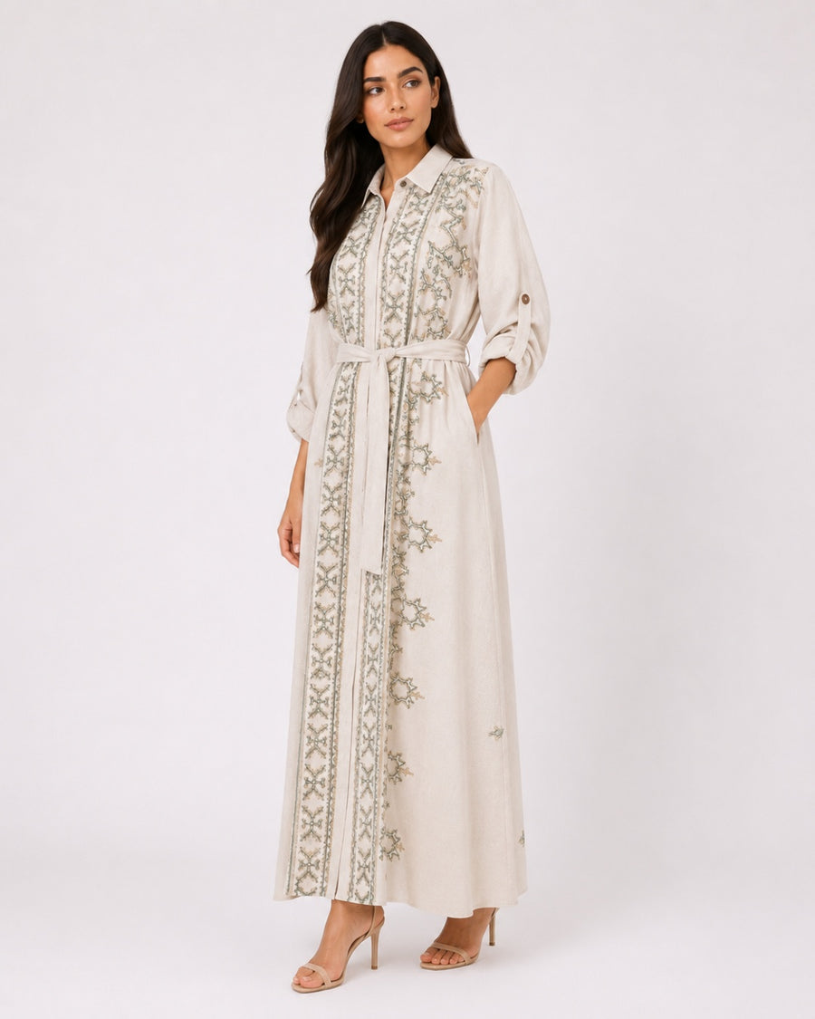 Belted Green Embroidered Dress