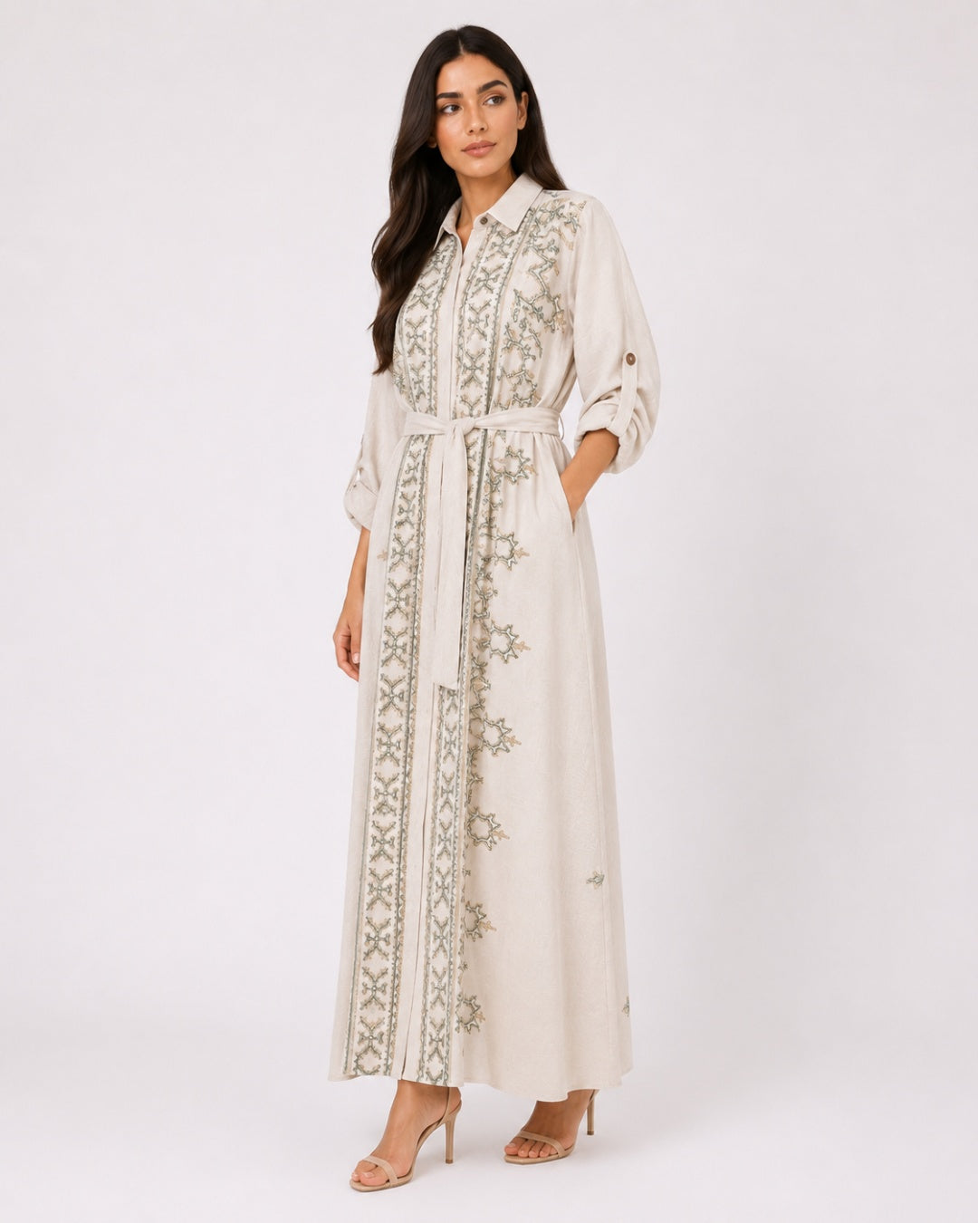 Belted Green Embroidered Dress