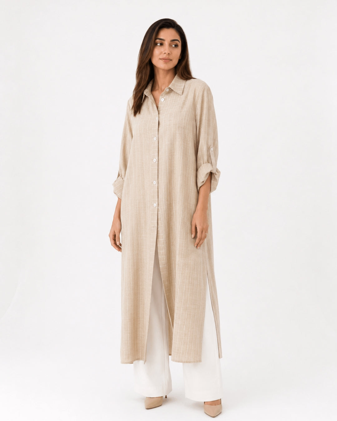 Beige Striped Overlay Coat