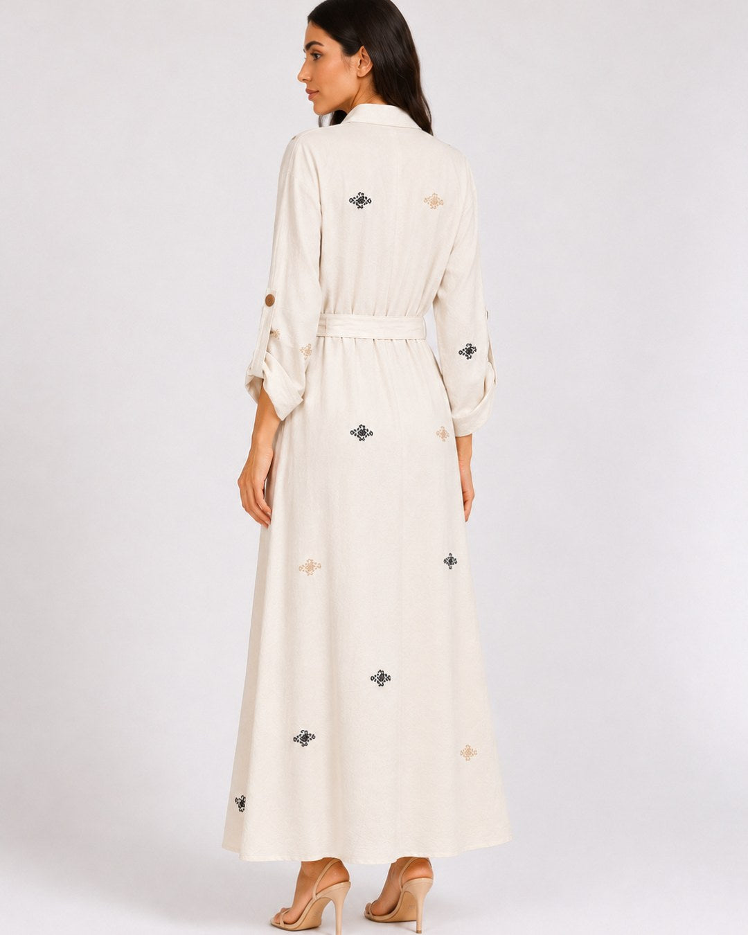 Belted Black Embroidered Dress