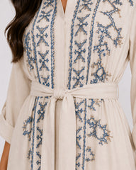 Belted Blue Embroidered Dress