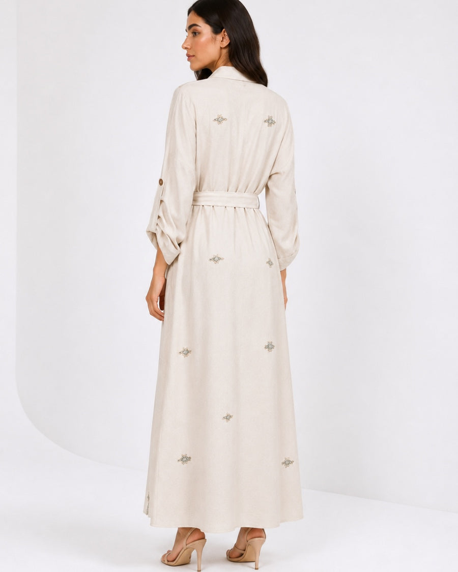 Belted Green Embroidered Dress