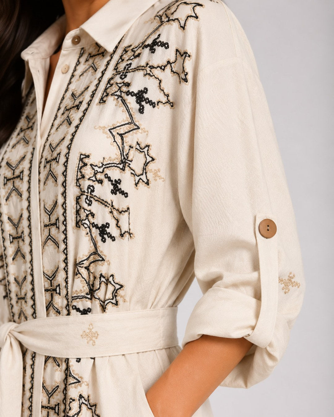 Belted Black Embroidered Dress
