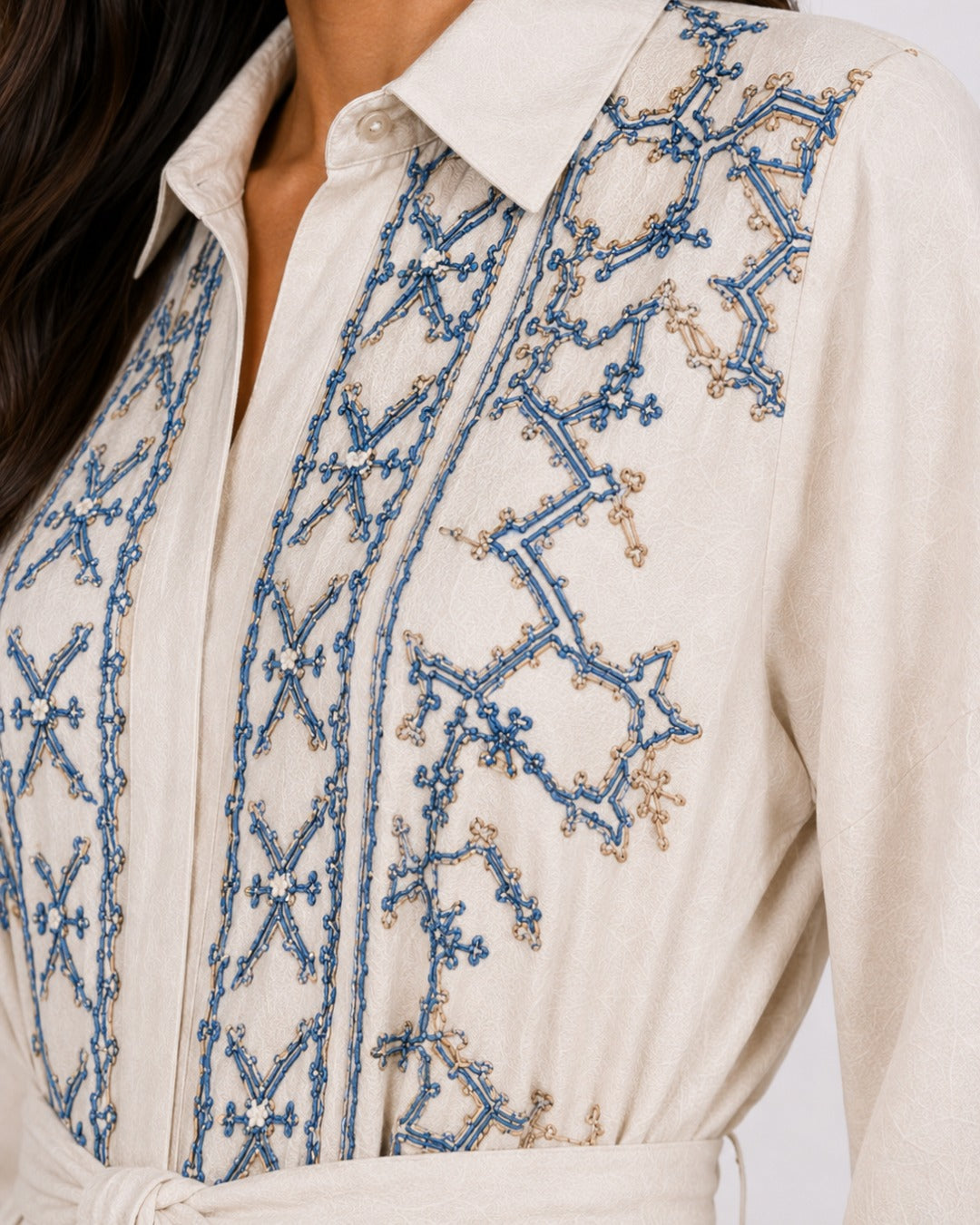 Belted Blue Embroidered Dress