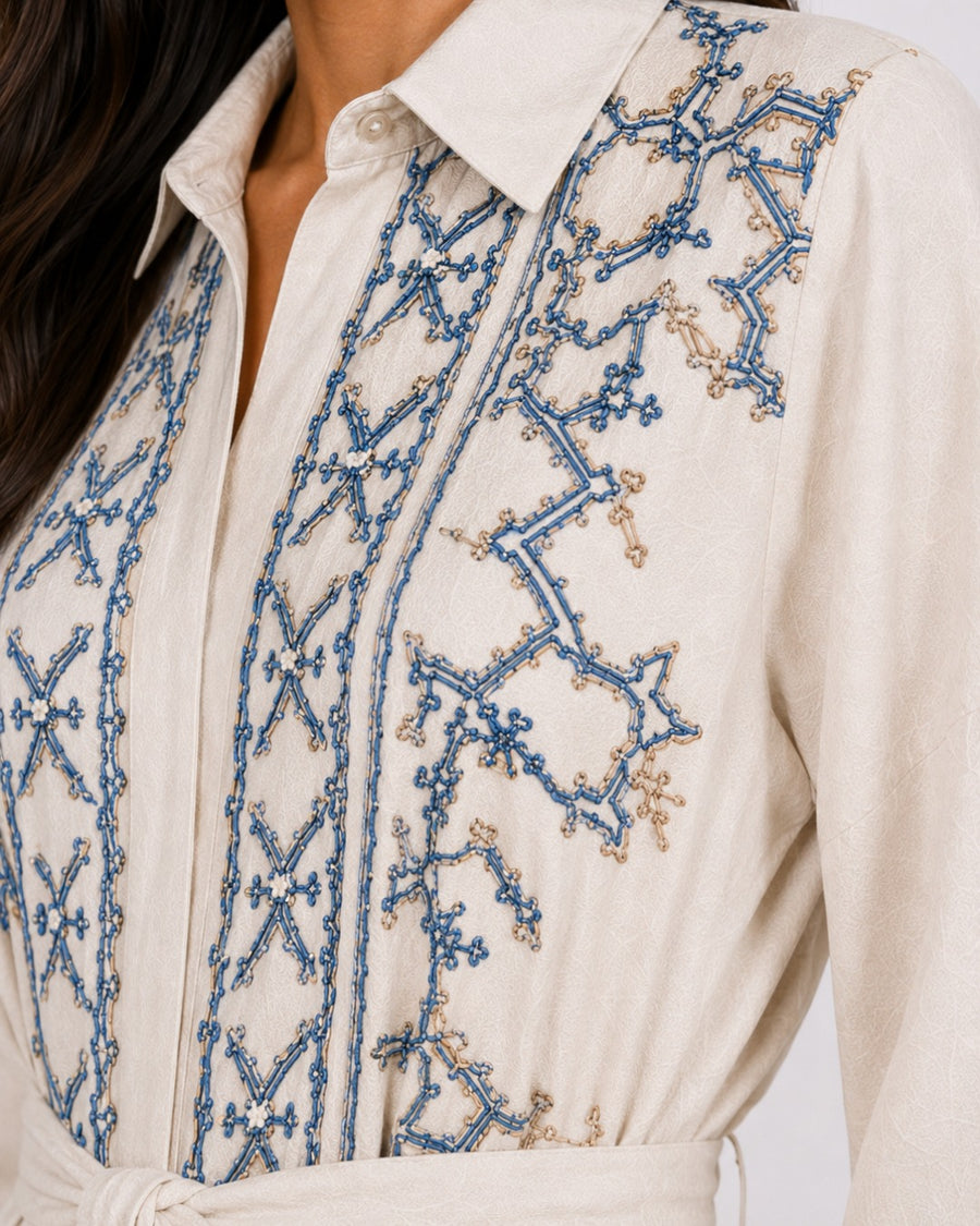 Belted Blue Embroidered Dress