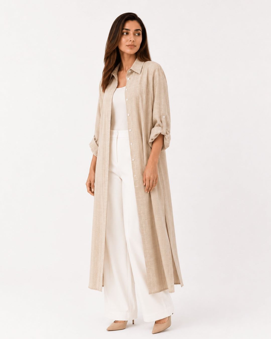 Beige Striped Overlay Coat