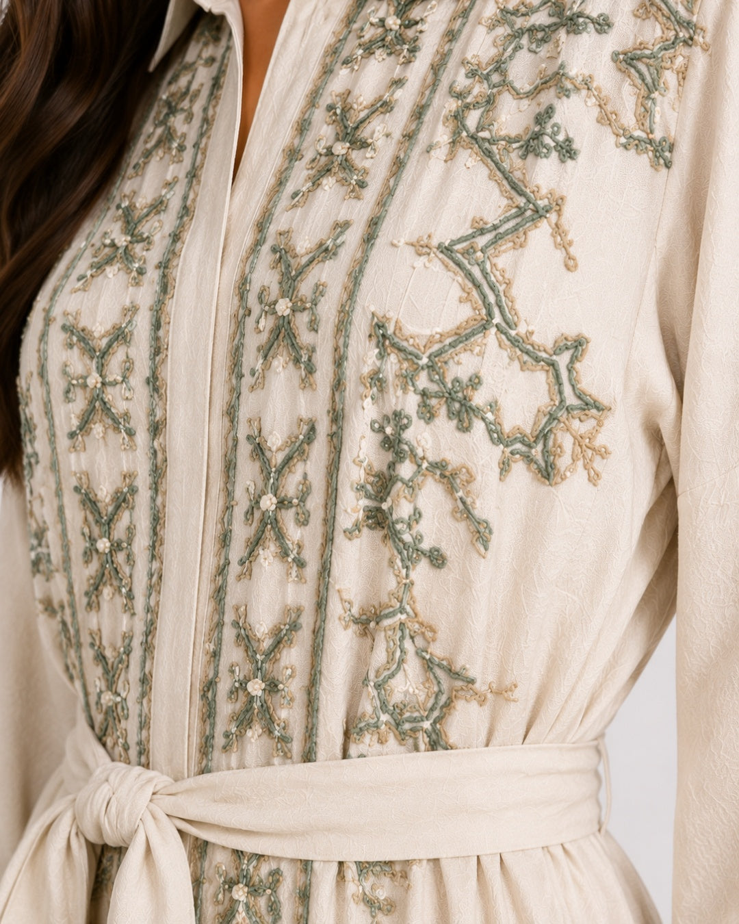 Belted Green Embroidered Dress