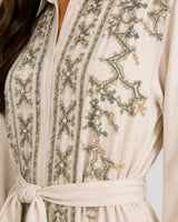 Belted Green Embroidered Dress