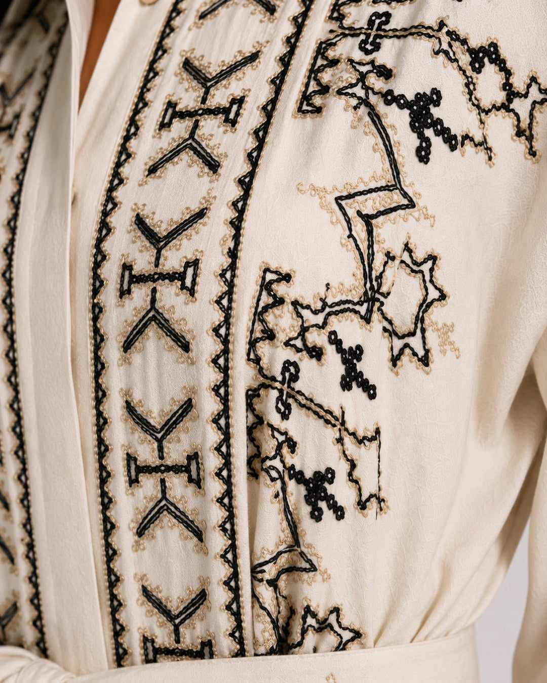Belted Black Embroidered Dress